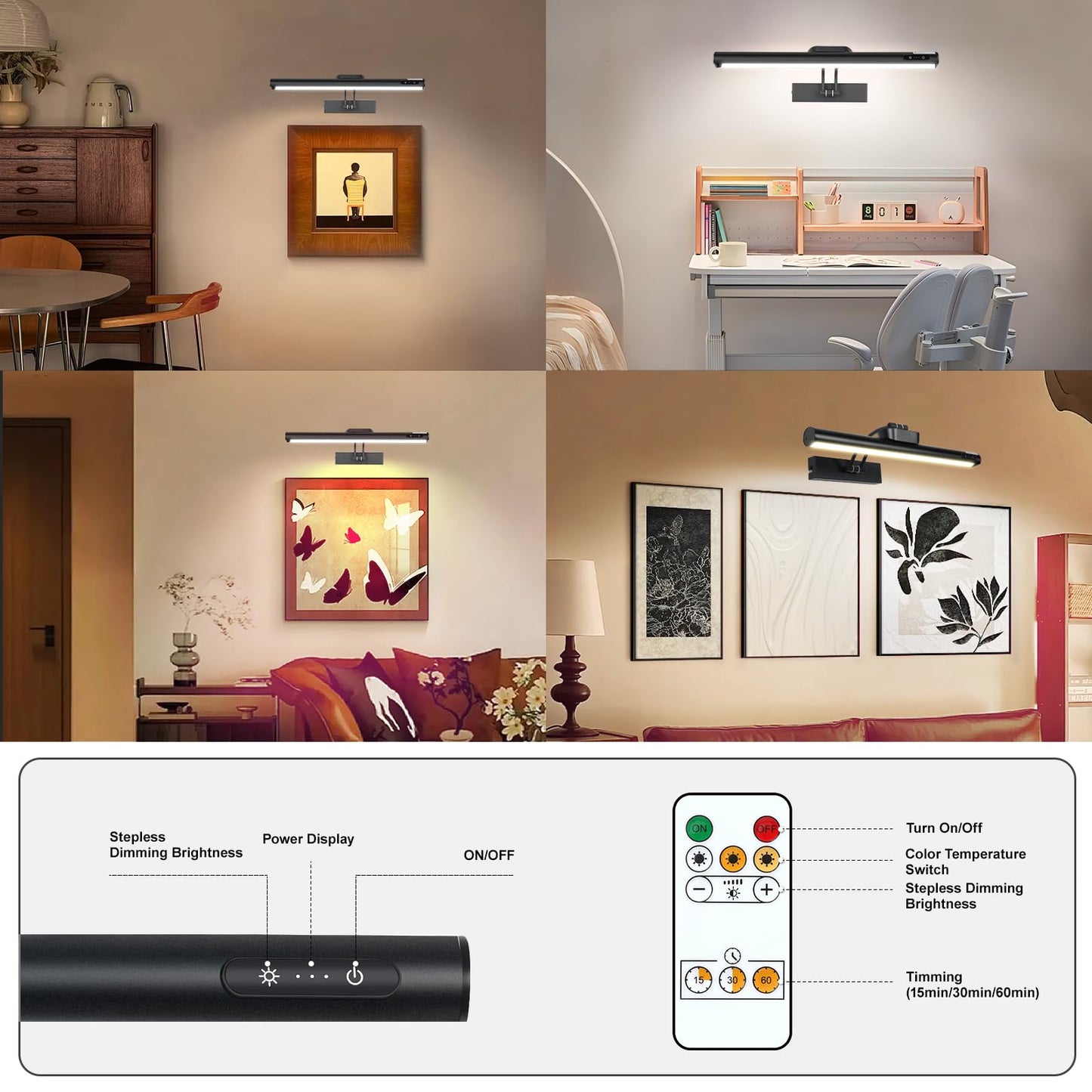 Magnetic Cordless Picture Light with Remote/Touch Control & Timer, 3CCT Dimmable, Angle Adjustable 16in Metal Wall Lights with 5000mAh Battery for Artwork, Painting, Portrait,Gallery,Photo,Black 2Pack
