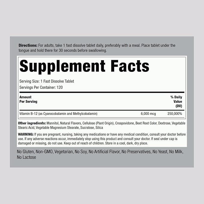 Piping Rock Sublingual B12 Complex 6000 mcg | 120 Fast Dissolve Tablets | Berry Flavor | Vegetarian, Non-GMO & Gluten Free