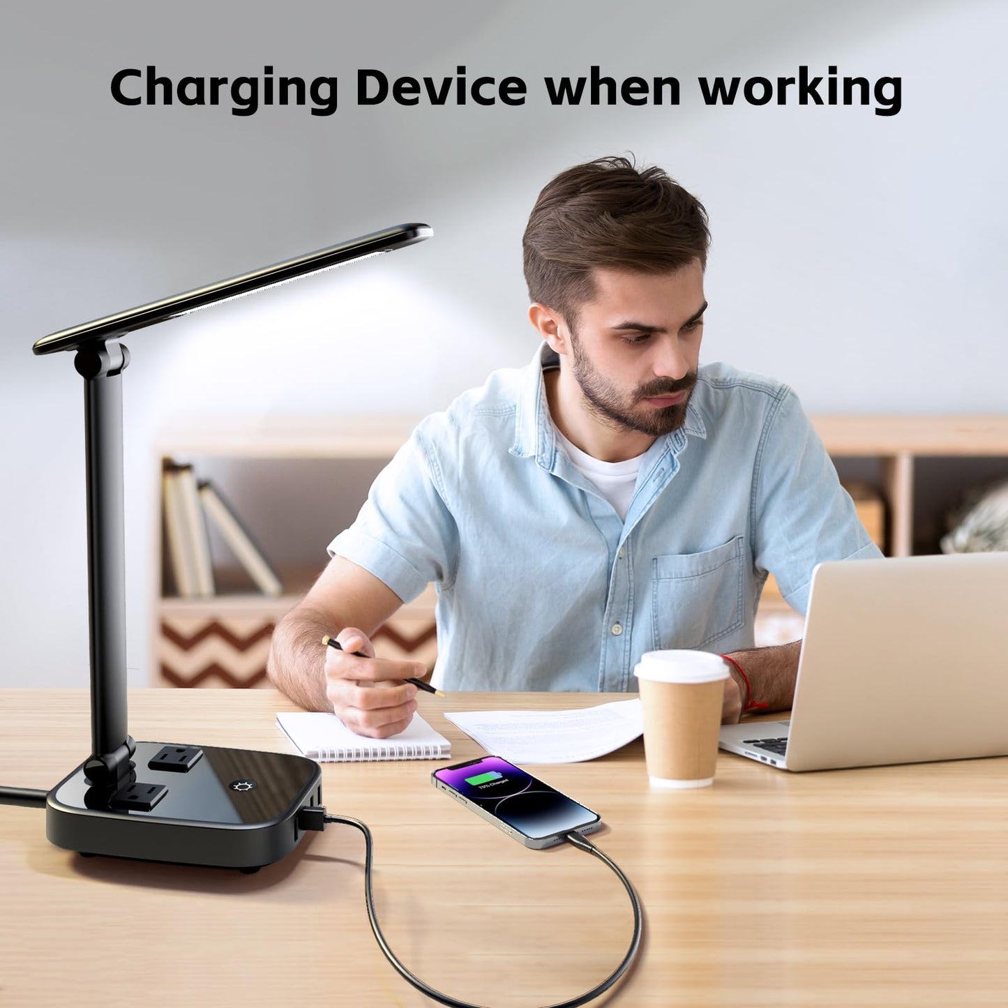 Yostyle LED Desk Lamp with 4 USB Ports, 2 AC Outlets, Touch Dimmer, Black, Model SPMKJ-07