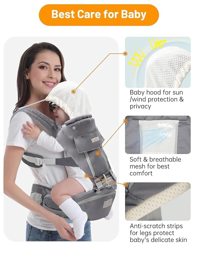 Baby Carrier with Hip Seat, 6 in 1 Baby Carrier Newborn to Toddler, Adjustable Infant Carrier with Hood, All Seasons & All Position Baby Holder Carrier for Breastfeeding