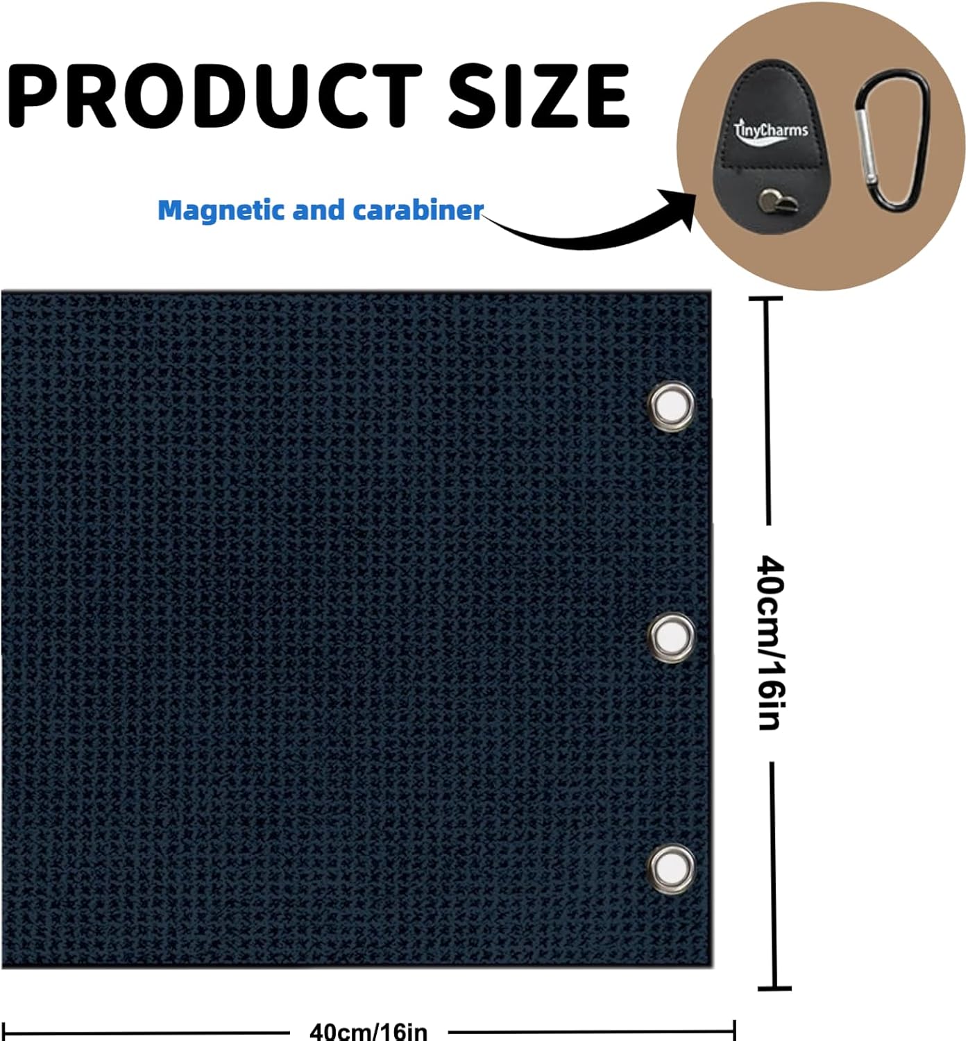 Magnetic Golf Towel, 16"x16" Black Microfiber, Strong Magnet & 3 Grommet Design, Carabiner Hook, Super Absorbent & Easy Clean, Golf Bag Accessory (Black, (16"*16") x2)