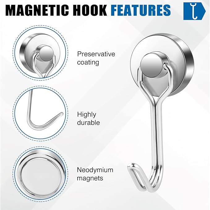 LOVIMAG Hooks, 50lbs+ Magnetic Magnet Hook 2025 Cruise Cabin Ship Essentials Heavy Duty Strong Refrigerator Fridge Hanging for Classroom Beach Vacation Kitchen Grills Home Mug Hanger (6 Pack), Silver