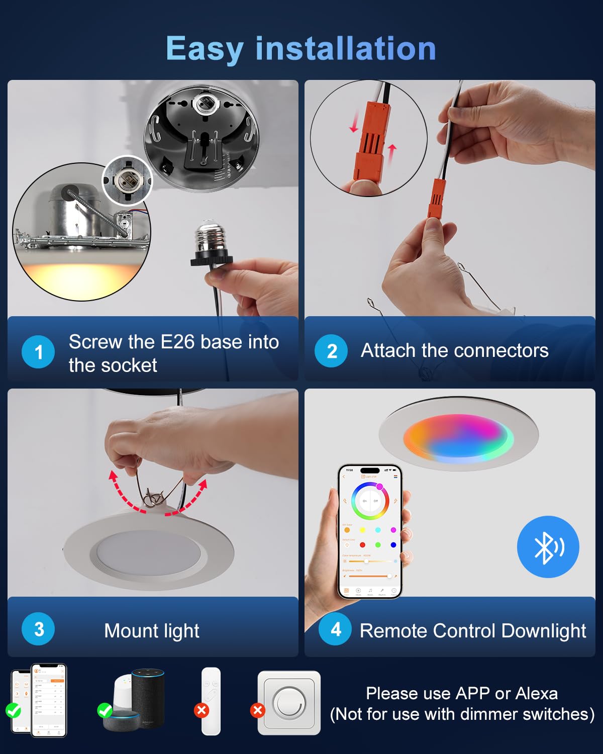 Varicart Smart Recessed Lighting 6 Inch  Rgbcw Color Changing Smart Can Light Bluetooth Connect  Flicker Free  13W 1300Lm  Dimmable Retrofit Downlight Works With Alexa Voice & App Control  Etl  6 Pack