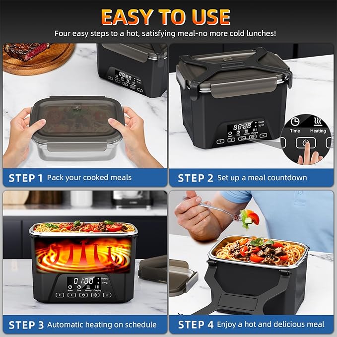 Cordless Electric Lunch Box, 1.2L Self Heating Lunch Box Battery Powered with Automatic Heating, BPA Free, Meal Prep Friendly (Black)