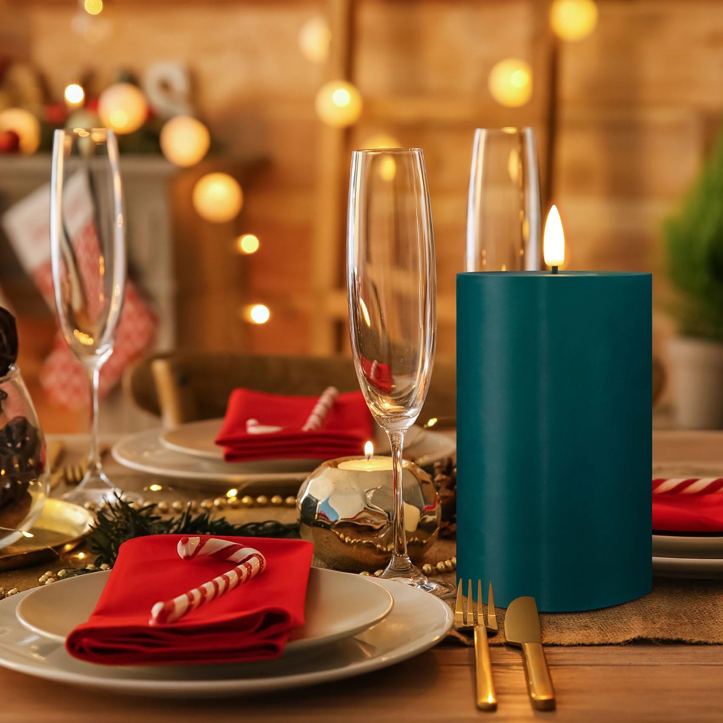 Girimax Blue Flameless Pillar Candles with Remote, Flickering Christmas LED Wax Candles Battery Operated Set of 3