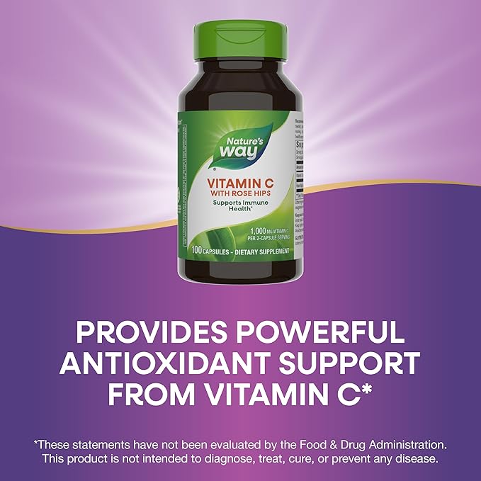 Nature's Way Vitamin C with Rose HIPS, Powerful Antioxidant & Immune Function Support from Vitamin C*, Promotes Collagen for Healthy Skin*, 1,000 mg Vitamin C, 100 Capsules (Packaging May Vary)