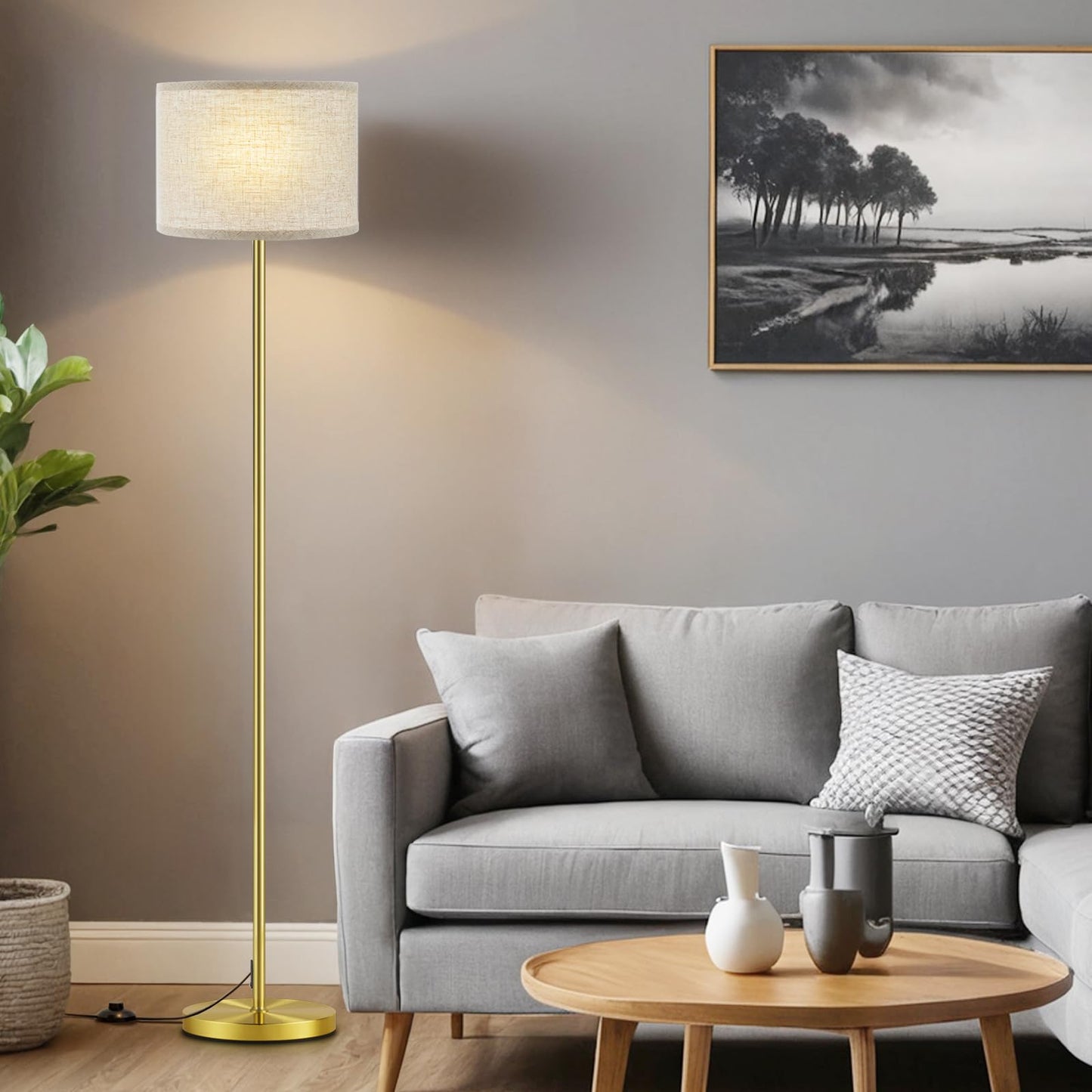 Ambimall 60in  Modern Floor Lamp, Metal with Beige Shade & Brushed Gold Pole, Model RPT-ZGB129, Ideal for Living Room, Bedroom, Office
