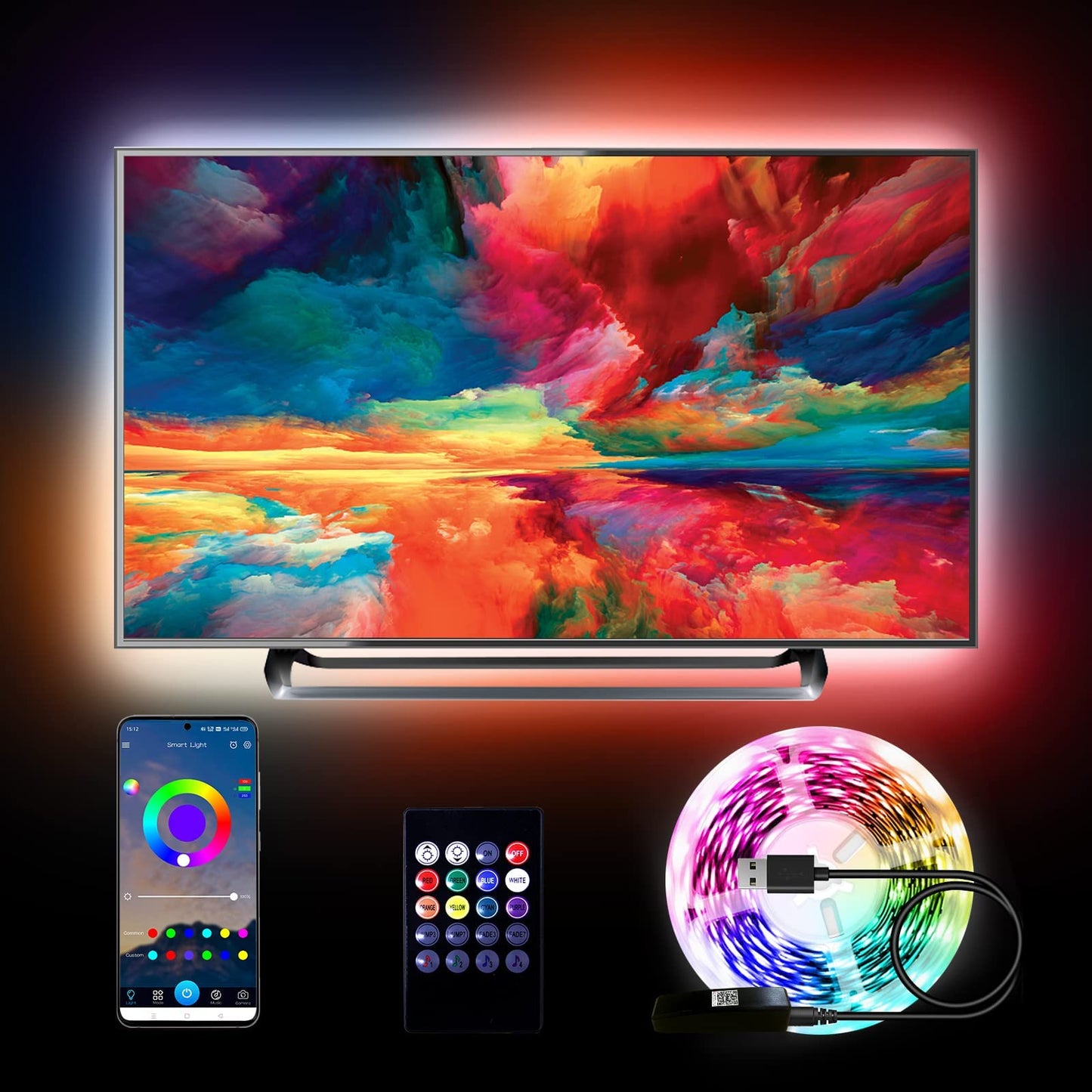 dalattin LED Strip Lights for TV, 15FT RGB Color Changing Backlight, Music Sync, USB Powered, Bluetooth App & Remote Control