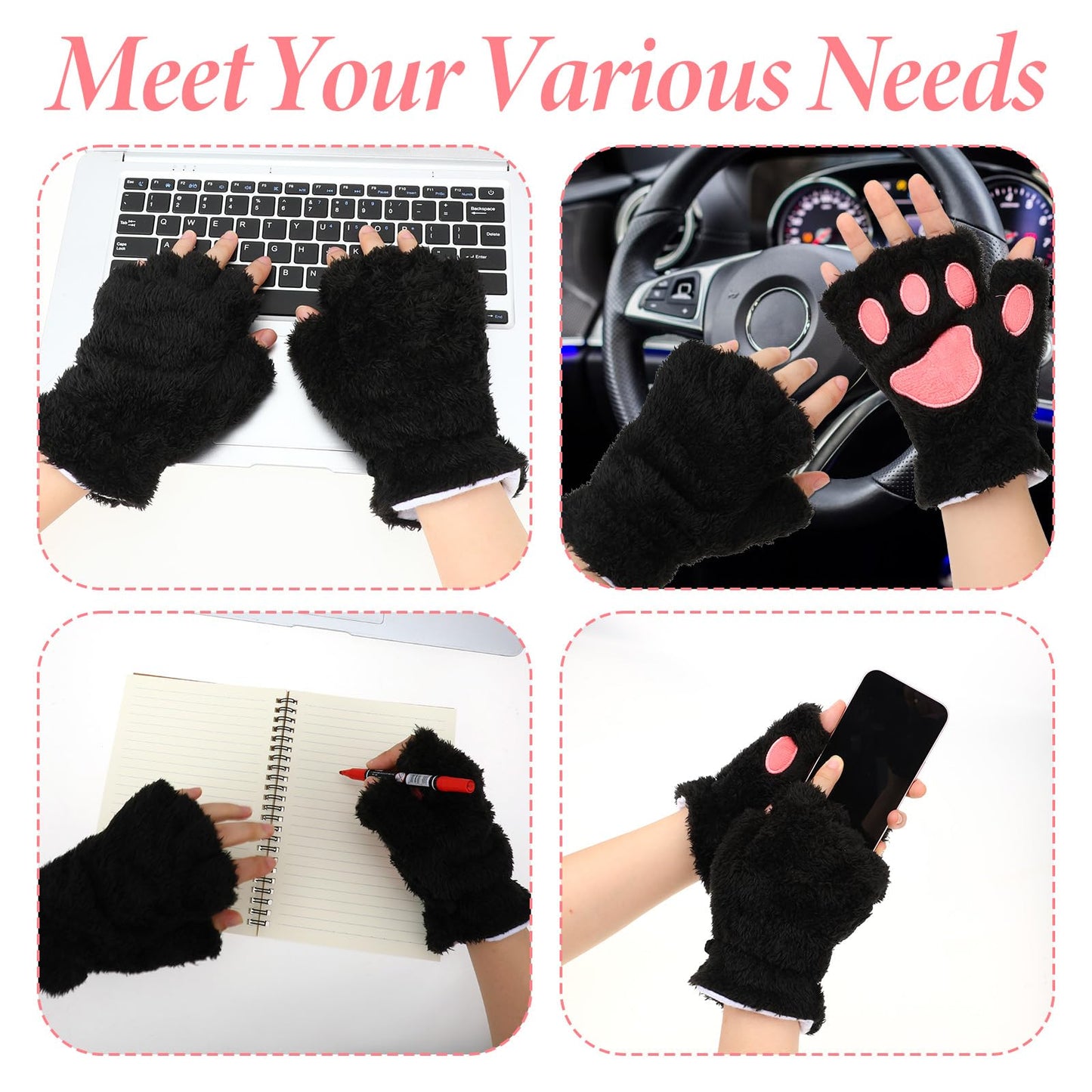 COMNICO Cat Paws Gloves Soft Hand Paw Gear Bear Furry Paw Fingerless Cat Mittens Halloween Cosplay Costume Accessories