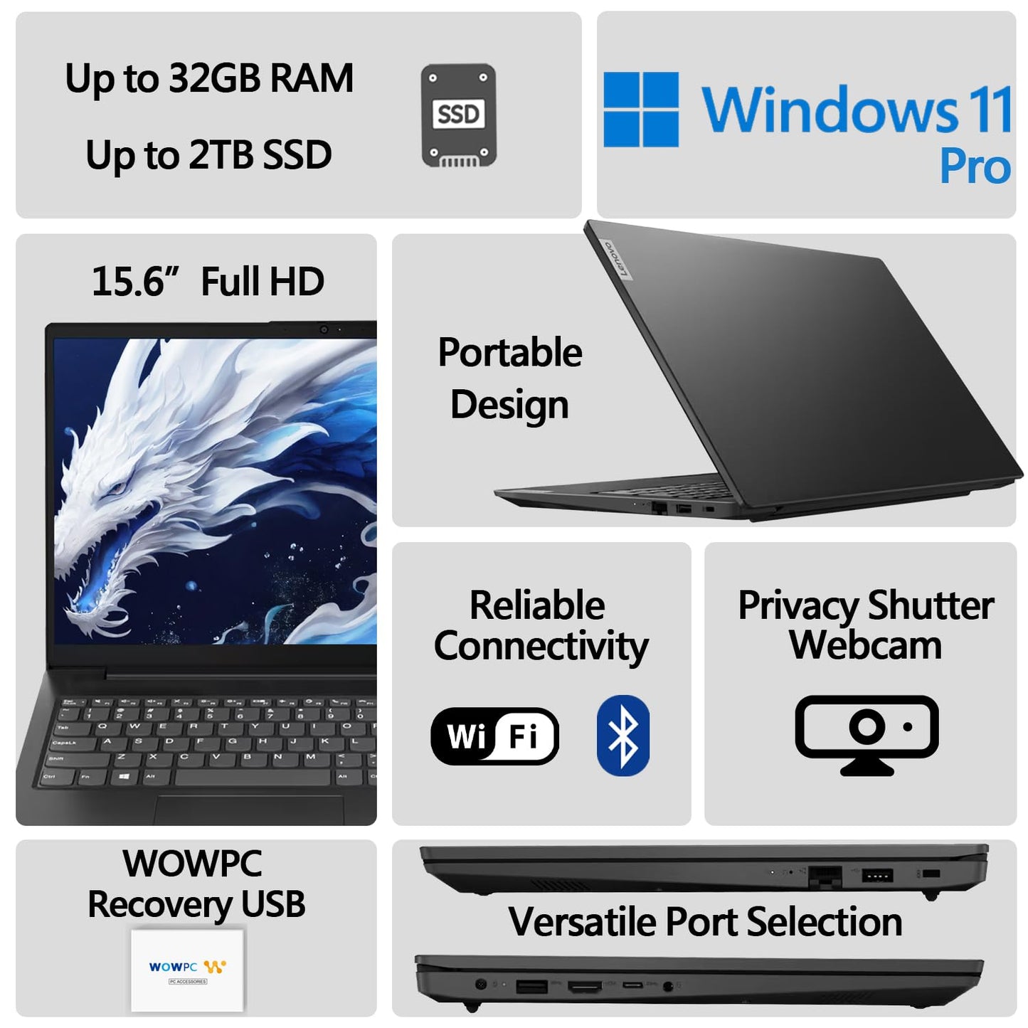 Lenovo V15 Laptop | 15.6 Fhd (1920 X 1080) Display | Intel Quad-Core Processor | Ethernet Rj-45 | Wowpc Recovery Usb (Windows 11