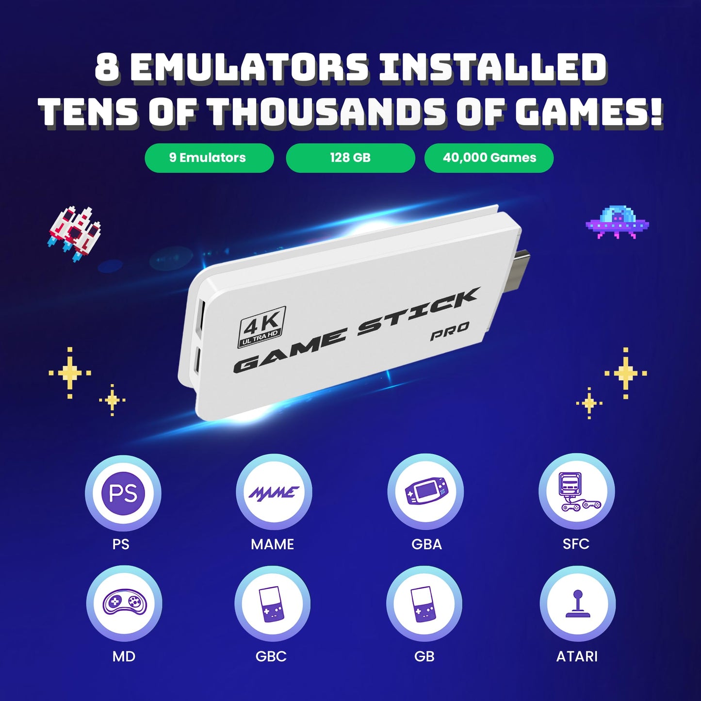 Boltz Retro Stick Gaming Stick – Retro Gaming Console with 40,000+ Classic Video Games, 9 Emulators, 128GB Storage, Plug & Play 4K HDMI Output, Includes 2 Wireless 2.4GHz Controllers