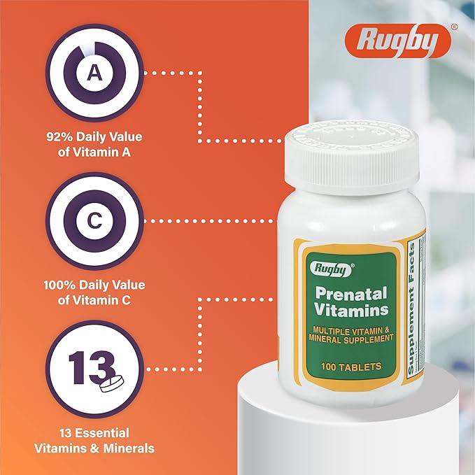 Rugby Prenatal Vitamins - Multiple Vitamin and Mineral Supplement - 100 Tablets