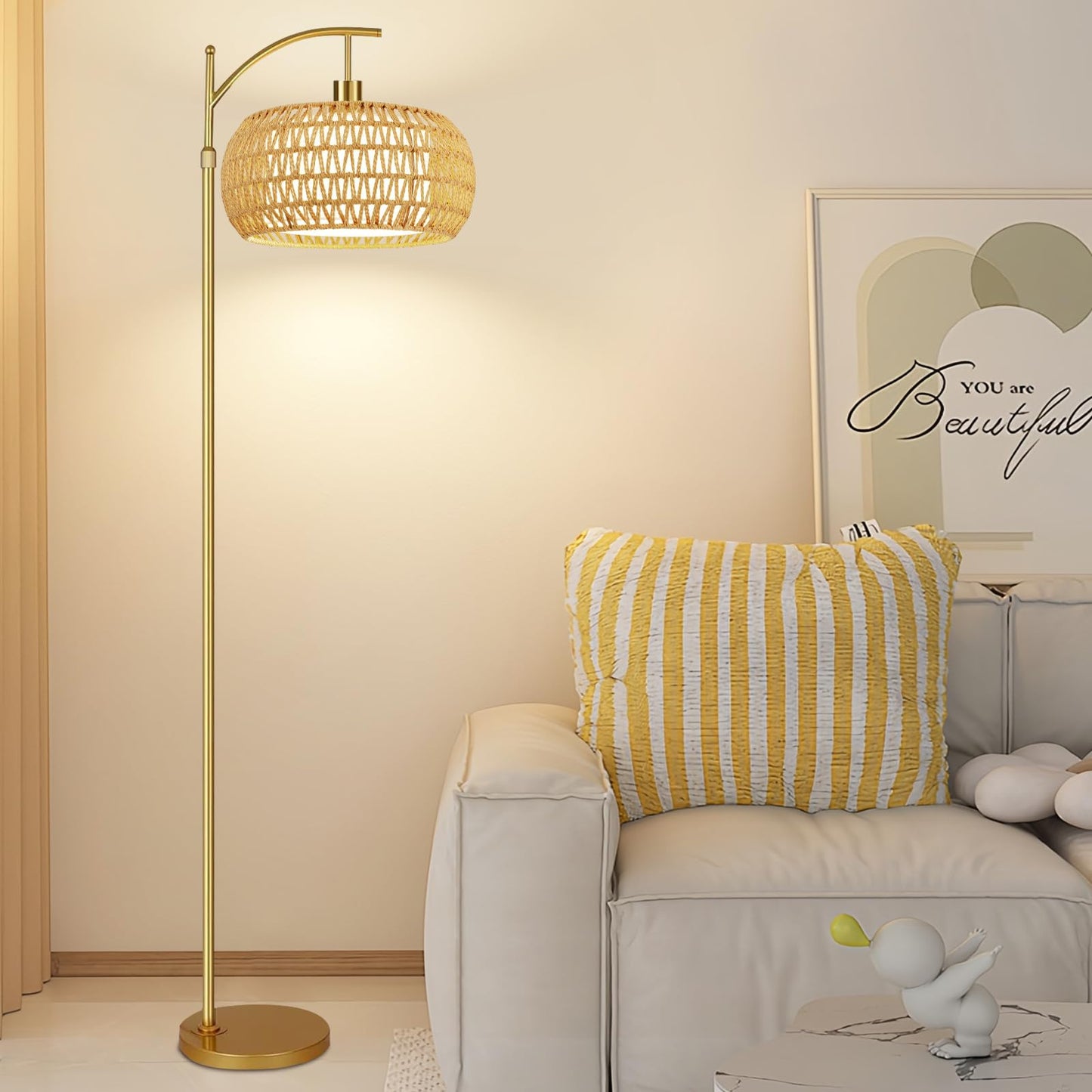 ZECOXOL Gold Floor Lamp, Dimmable Arc Design, Rattan Shade, 12.28 inch, Remote Control, Model 001, Boho Style for Living Room or Bedroom