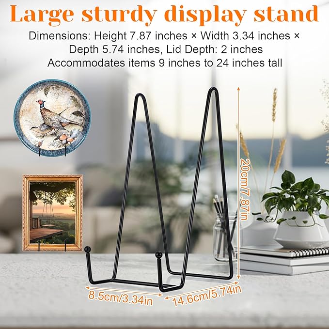 4 Pack 8 Inch Plate Display Stand Black Metal Plate Holder Display Stands Frame Holders Stand for Displaying Picture, Decorative Platter, Book, Plaque, Photo, Small Easel, Tabletop Art