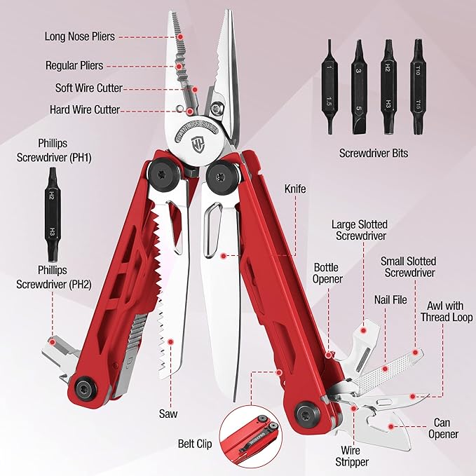 WORKPRO 24-in-1 Mutitool, Stainless Steel Multitool Pliers with Pocket Knife and Screwdrivers, EDC Self-locking Multi Tool with Sheath, Belt Clip for Outdoor Activities, Gifts for Men, Red