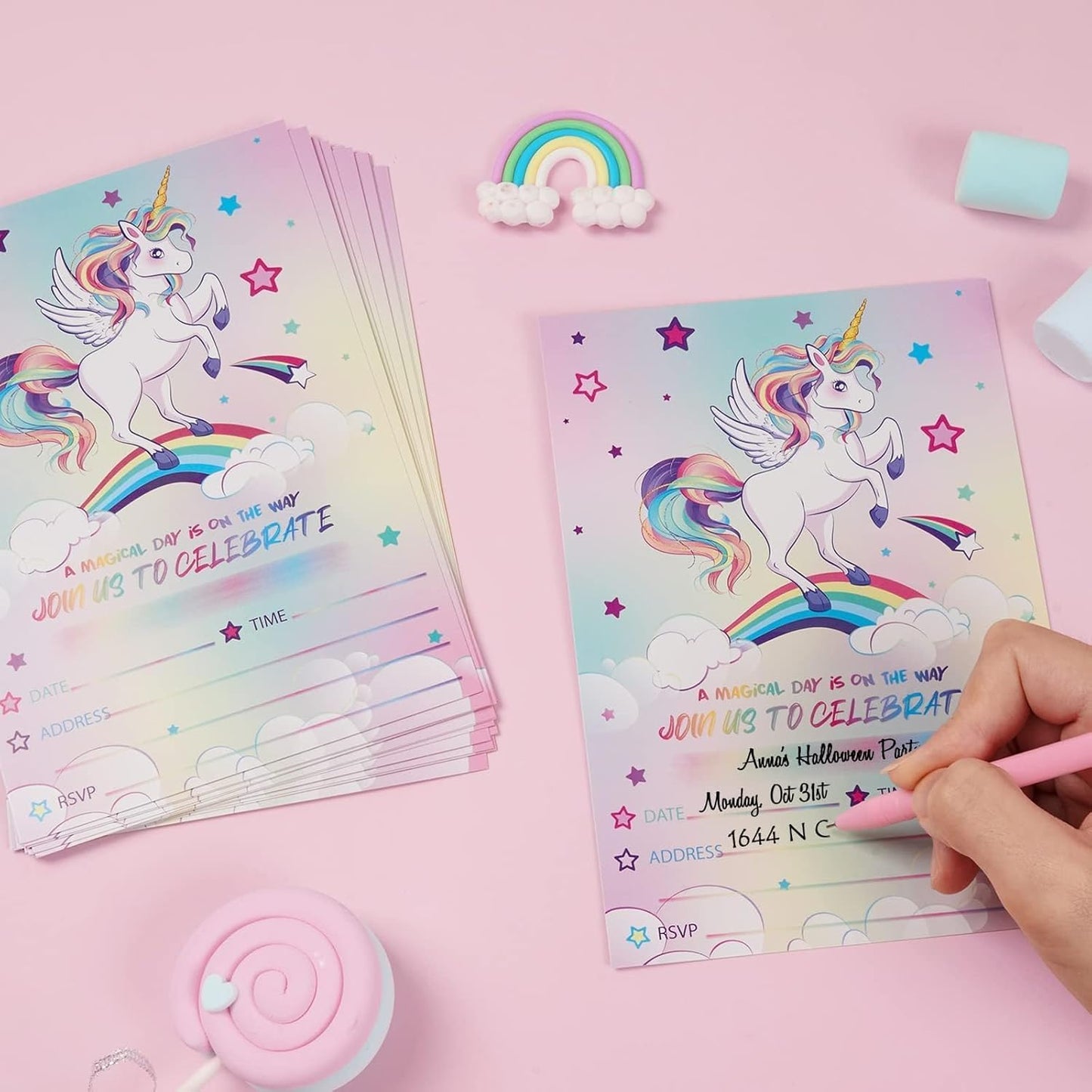 WERNNSAI 24PCS Unicorn Birthday Invitation - Rainbow Unicorn Party Supplies Fill-in lInvitations with Envelopes for Girls Birthday Baby Shower Double-sided Printed Invite Cards