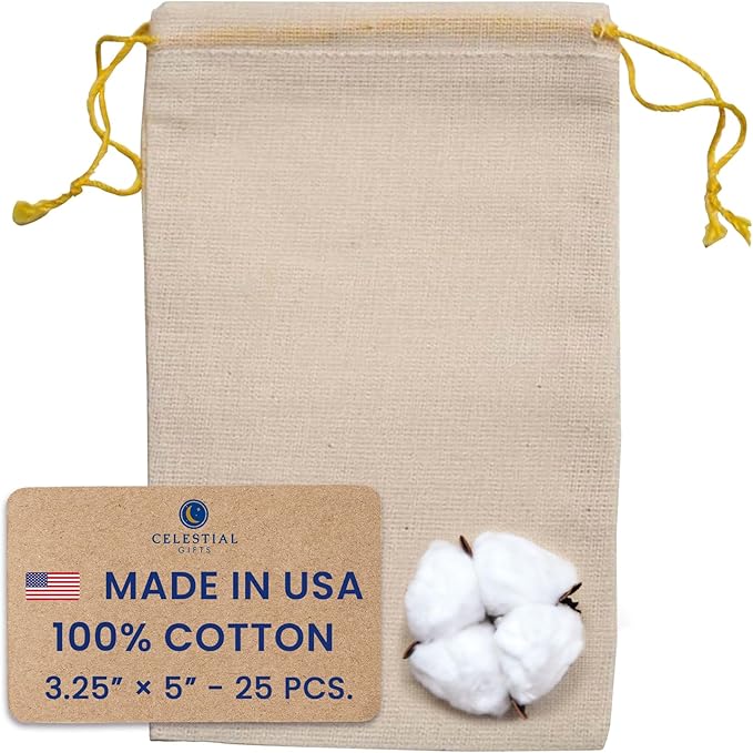 Celestial Gifts Muslin Bags - Double Drawstring Bags Small 25pcs - 3.25x5, Reusable Tea, Jewelry, Gift, Spice and Sachet Bag - 100% Cotton - Made in USA - (Natural Hem & Yellow Double Drawstring)