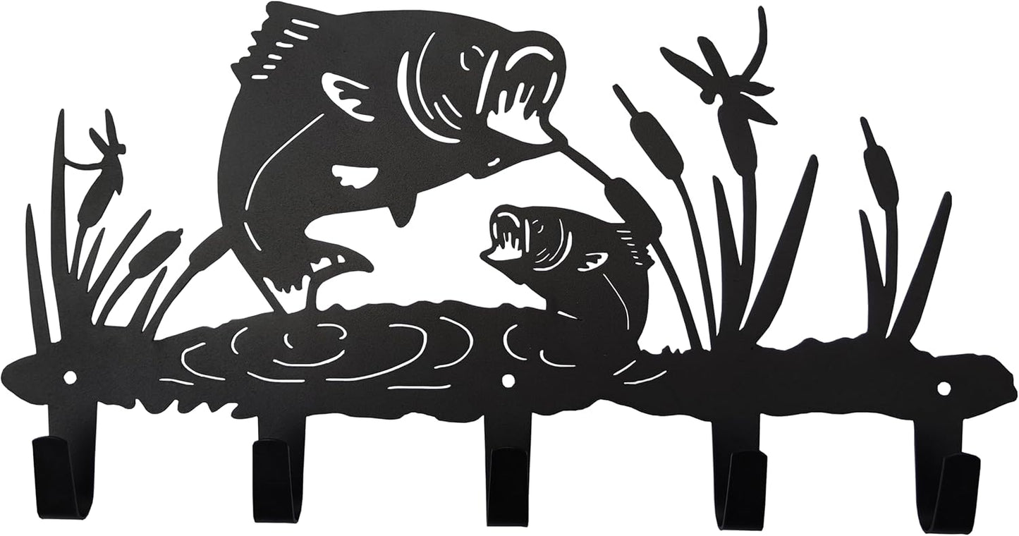 Metal Fish Coat Hooks Wall Art Decor-Fish Hangers and Key Holder-Clothes Rack and Backpack Hanger-Animal Theme Hooks Sweet Home Decor for Storage, Living Room, Hallway, Office (Black)