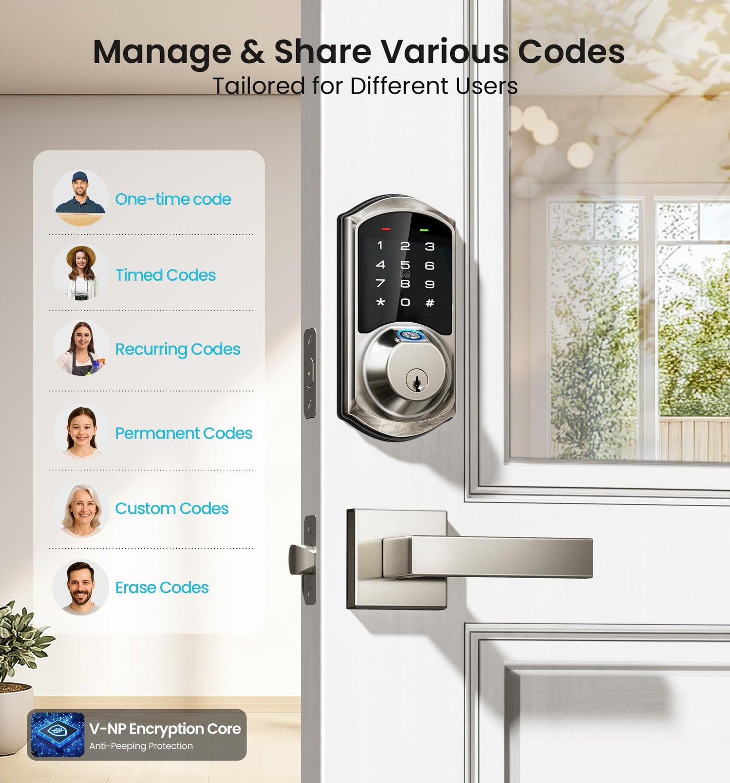 Veise VE07-L Fingerprint Smart Locks for Front Door with Zinc Alloy Handle Set, App Control, Keyless Entry, Electronic Digital Keypad Deadbolt, Auto Lock, Waterproof, Easy to Install, Matte Black