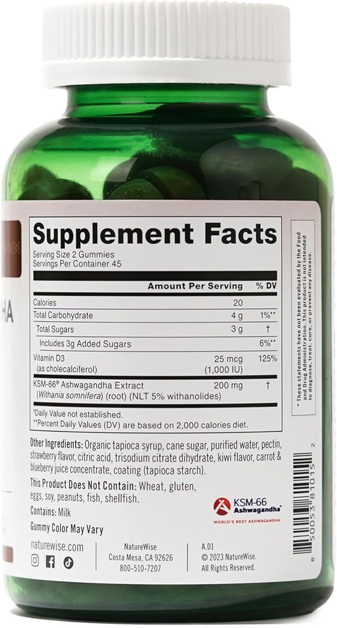 NatureWise Ashwagandha Gummies - Strawberry Kiwi - KSM-66 with Vitamin D3 - Calming Mood Support - Vegetarian - Non-GMO, Gelatin and Gluten Free - 90 Count[45-Day Supply]