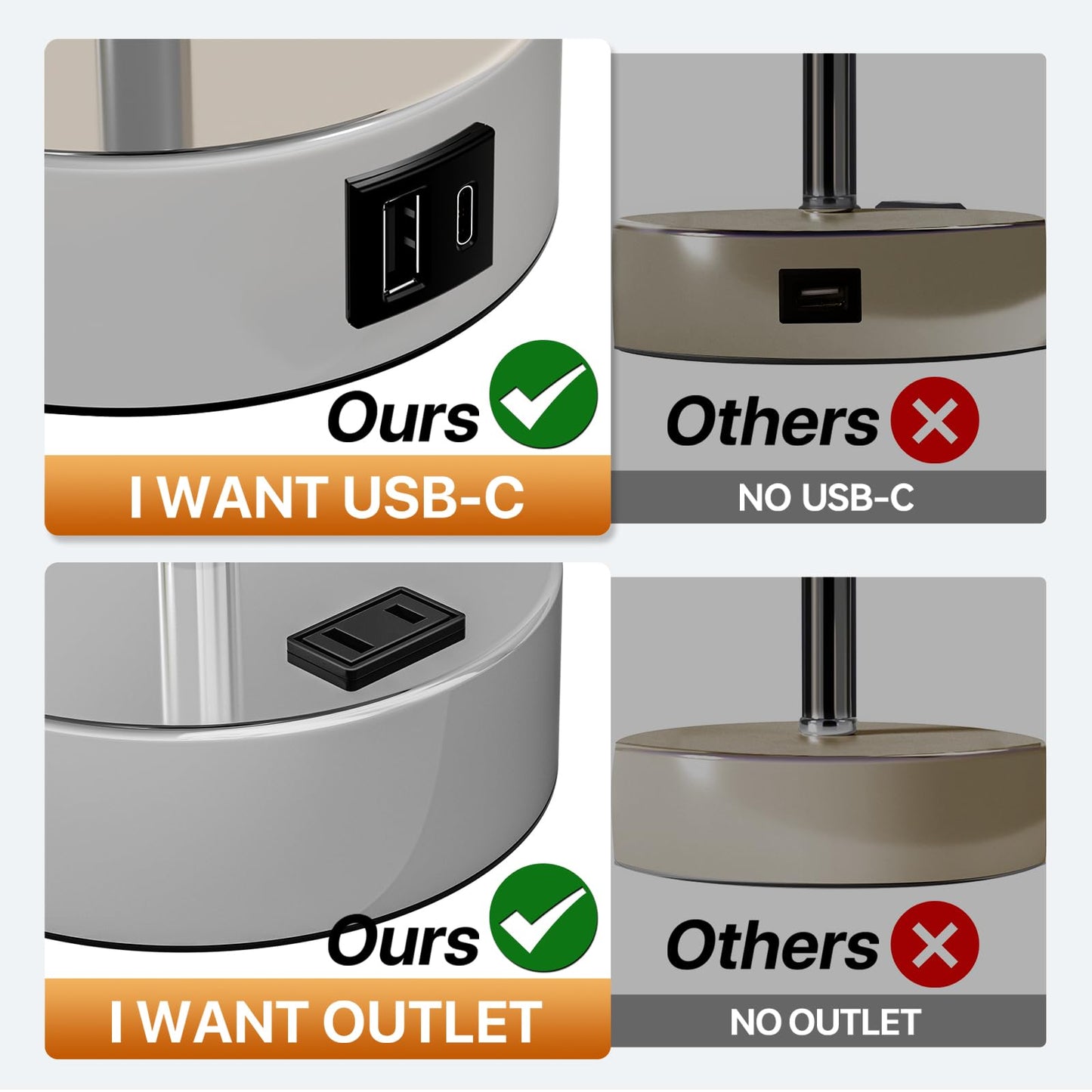 KPQ Touch Control Table Lamp with USB Ports, 3-Way Dimmable, 14in Small Size, Black Shade-Silver Base