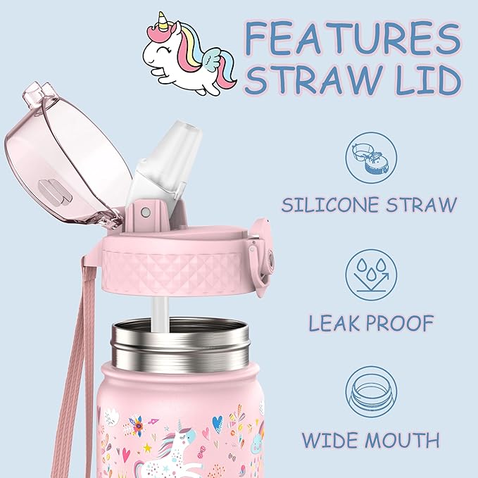 Kids Water Bottle, GOPPUS 14 oz Insulated Water Bottle with Straw, Double Vacuum Leakproof, BPA Free, for Boys and Girls,Pink Unicorn