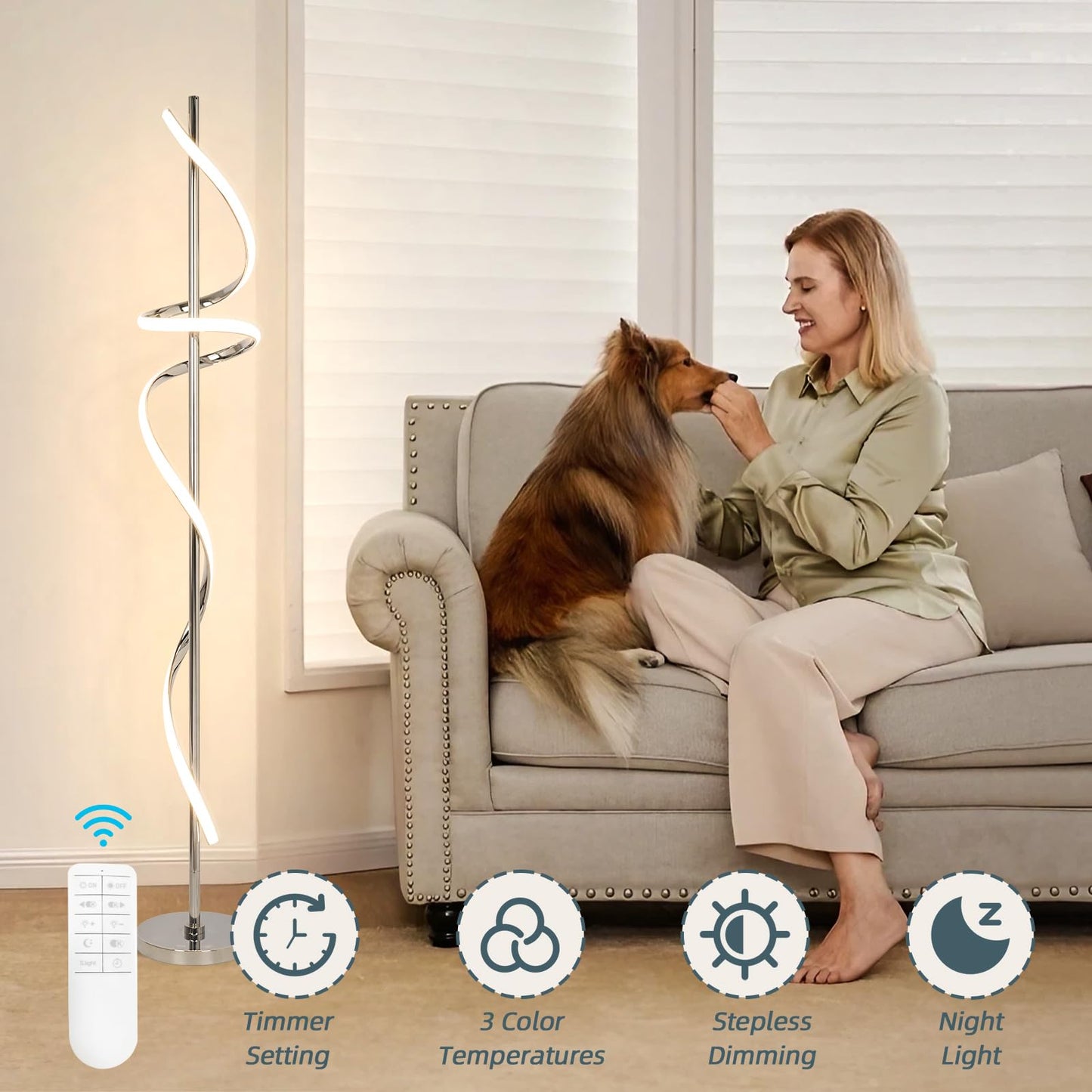 EIDISUNY Modern Floor Lamp, Dimmable LED, 60in, Aluminum, Chrome, 3 Color Temperatures, Model FL-YLC002SR