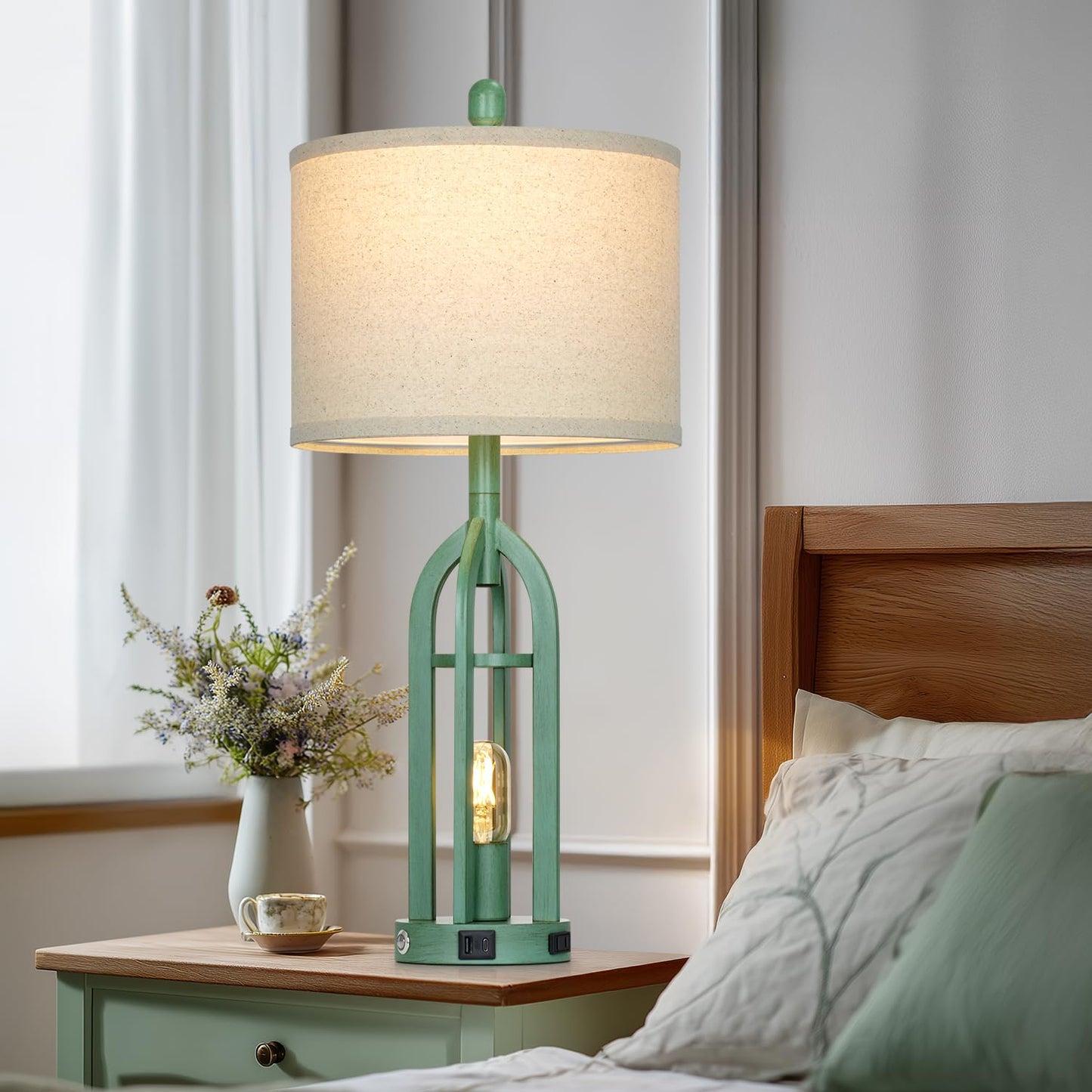 Cinyirong 27in Coastal Lamp, Retro-Green Metal Touch Control Table Lamp with USB & AC Outlet, 3-Way Dimmable, Bedroom Living Room