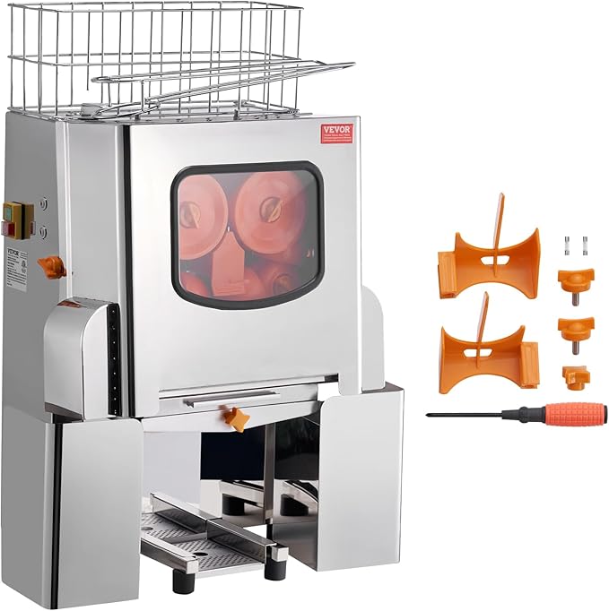 VEVOR Commercial Orange Juicer Machine, 120W Automatic Juice Extractor, Stainless Steel Orange Squeezer 20 Oranges/Minute, with Pull-Out Filter Box, Stainless Steel Cover, 2 Peel Collecting Buckets