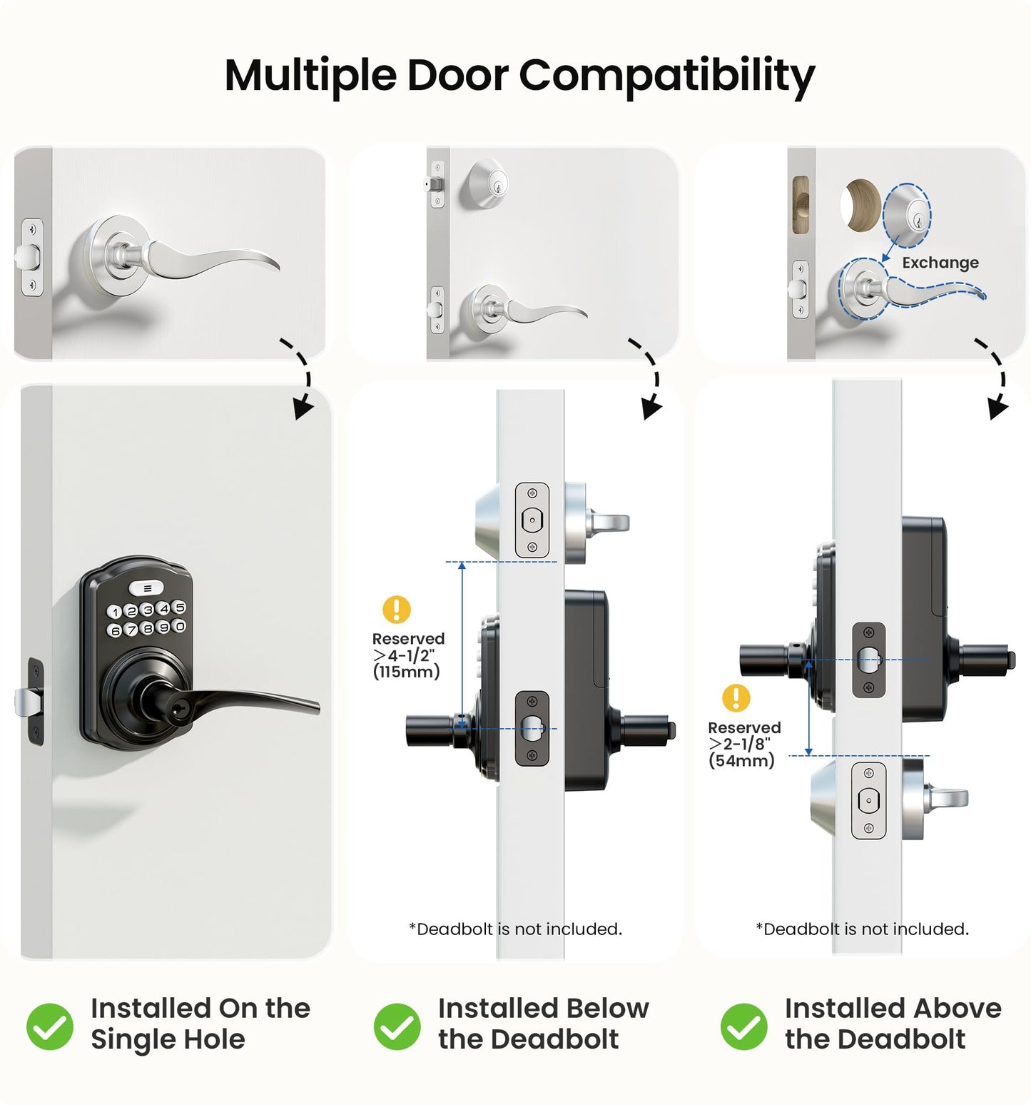 Veise Keypad Door Lock with Handle, Keyless Entry for Front Door & Bedroom, Electronic Lock with Code, Auto-Locking, Easy Installation, Passage Mode, Matte Black