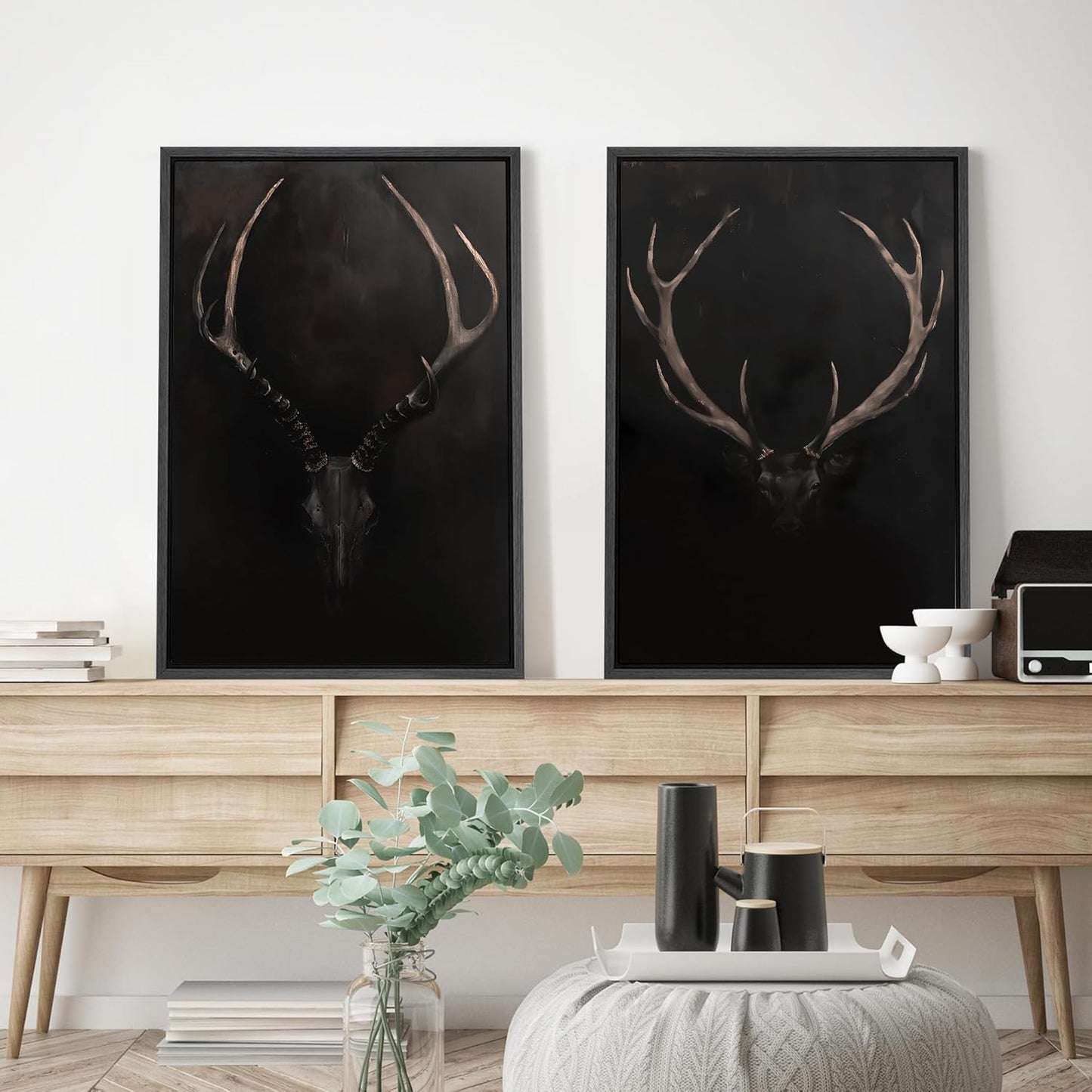 SIGNWIN Framed Canvas Print Wall Art Rustic Antler Skull Dark Dramatic Black Vintage-Inspired Deer and Elk Antlers Illustrations Decorative for Living Room, Bedroom, Office - 16"x24"x2 Black