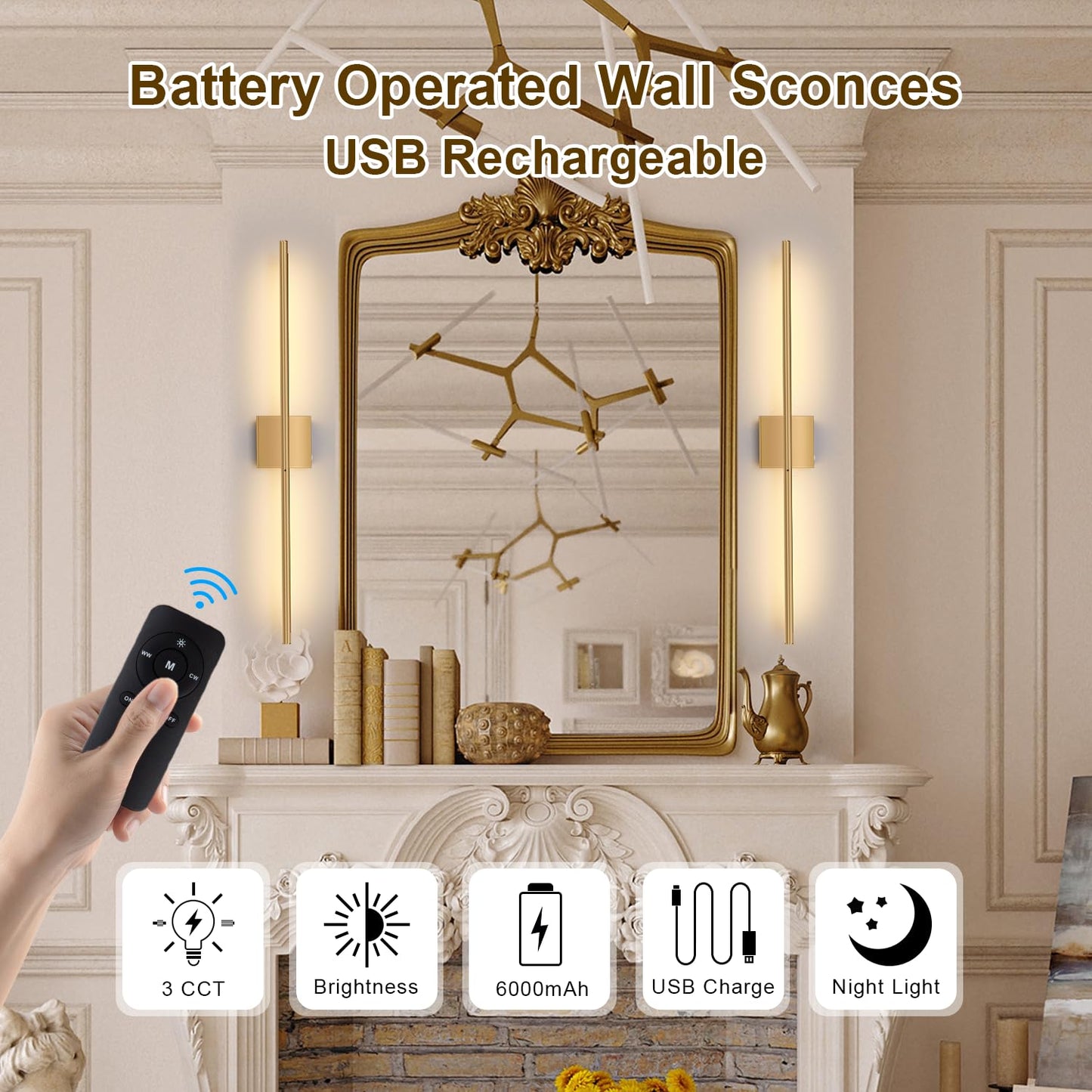 Linkenail Battery Operated Wall Sconces Set of 2, USB Rechargeable, Dimmable Touch, 32 Inch, Gold, Model XTFD-DC-JS