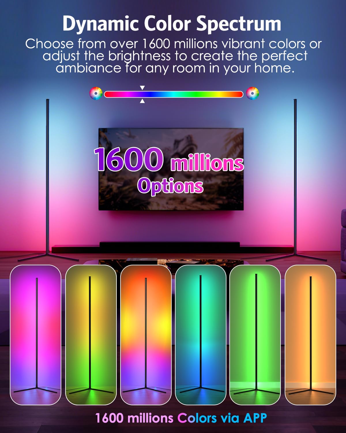 Temracha Upgraded Floor Lamp, 64.5in  RGB LED, App & Remote Control, 16 Million Colors, Black, Model PL101-TM-US