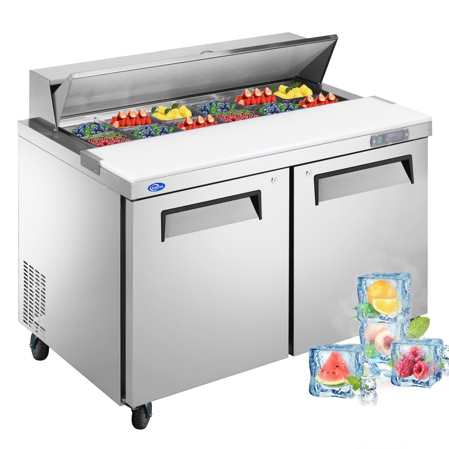 kalifon 48" W 2 Door Refrigerator Sandwich Salad Prep Table Commercial Stainless Steel Fan Cooling Refrigerator with Cutting Board, 2 Shelves & 12 Pans for Restaurant, Bar, Shop-12.9 Cu.ft