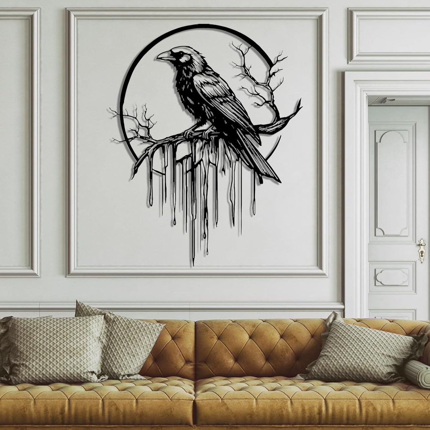 Crow Metal Wall Decor, Raven Wall Art, Large Gothic Raven Decor Hangings, Bird Wall Decor, Metal Tree Branch Decor, Ravens Sign, Raven Art for Living Room (White, 24"x19" | 60x48cm, metal wall art)