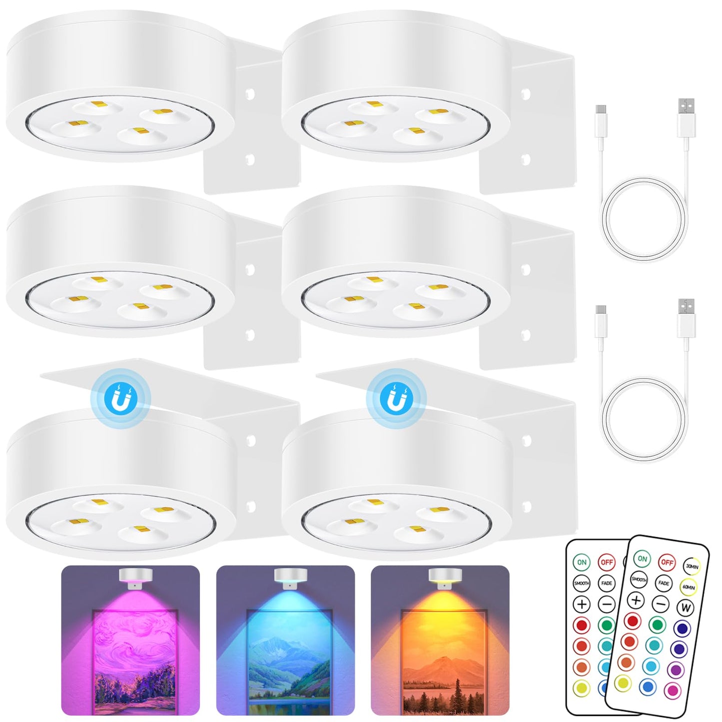 SIXDEFLY RGB LED Art Display Light, 6 Pack, Rechargeable, Remote Control, Dimmable, White