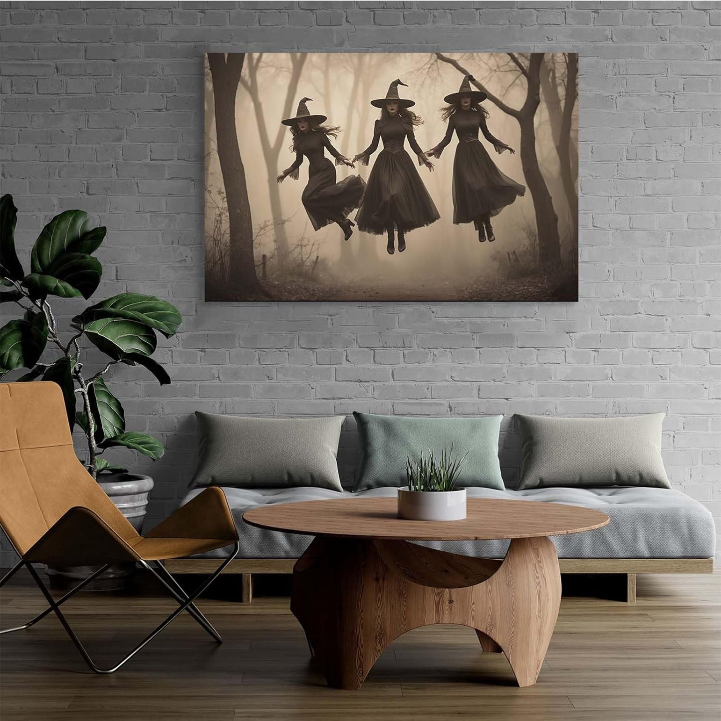 JFHCQJPK Three ghost witches flying in vintage forest gothic wall art witchcraft decoration holiday gift canvas wall art print28x40in Frameless