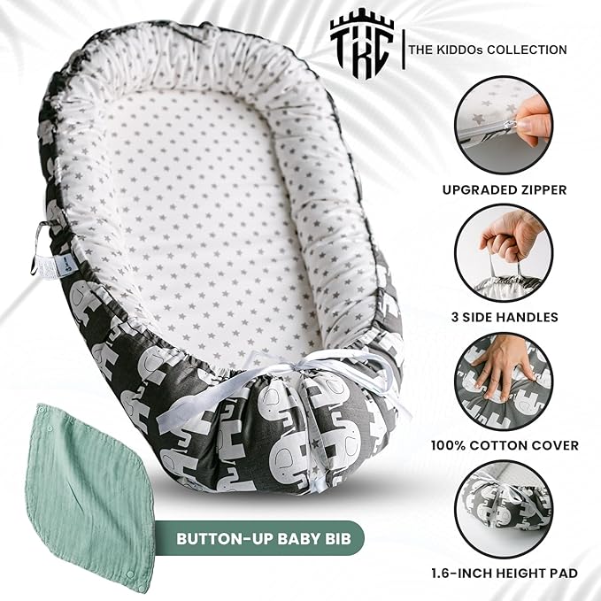 TKC Baby Lounger 0-24 Months | Adjustable Infant Lounger | Breathable Organic Cotton Cover | Reversible, Portable Baby Nest | Includes Bib | Elephant