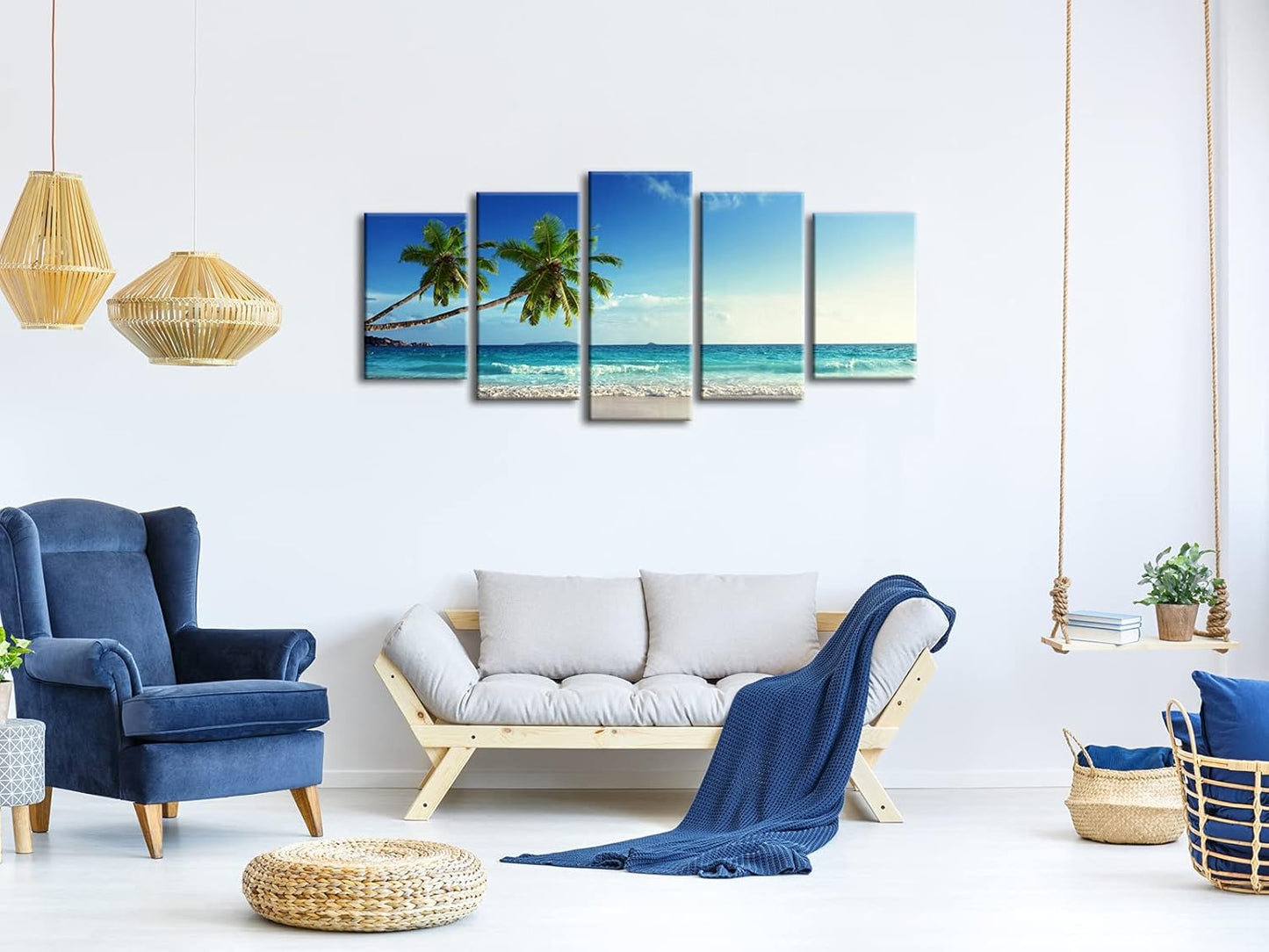 Wieco Art 5 Panels Ocean Sea Beach Canvas Wall Art for Home Decor Blue Sea Artwork Picture Print on Canvas Seascape Wall Decor for Living Room Home Hotel Decorations
