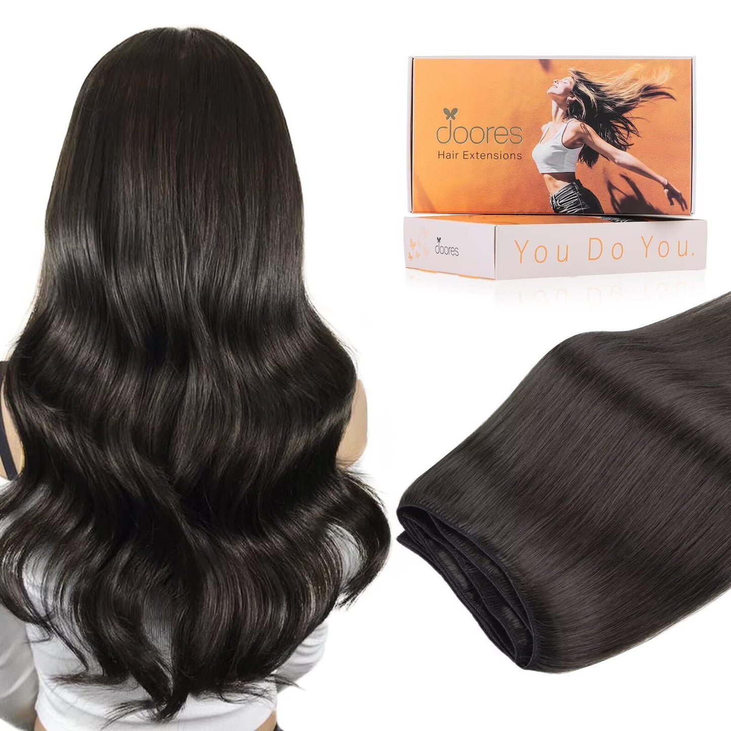 DOORES Sew In Extensions, 22 Inch 110g Mocha Brown, Remy Hair Extensions, Long Straight Hair for Daily Wear