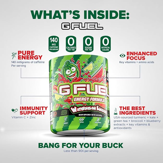 G Fuel Watermelon Limeade Energy Drink Powder, Pre Workout Caffeine Mix for Gaming, Sugar Free Focus Amino, Vitamin + Antioxidants, 9.9oz (Watermelon Limeade, 40 Servings)
