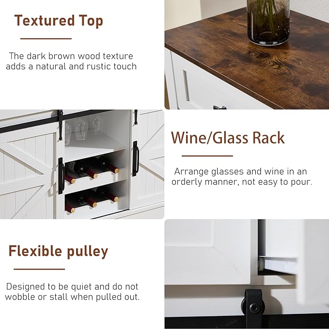 Kmax Farmhouse Wine Bar Cabinet w, 54” Buffet Cabinet with Storage, Rustic White Coffee Bar Cabinet with Sliding Barn Doors, Wine/Glass Rack & 3 Drawers for Living, Dining Room, Brown Top