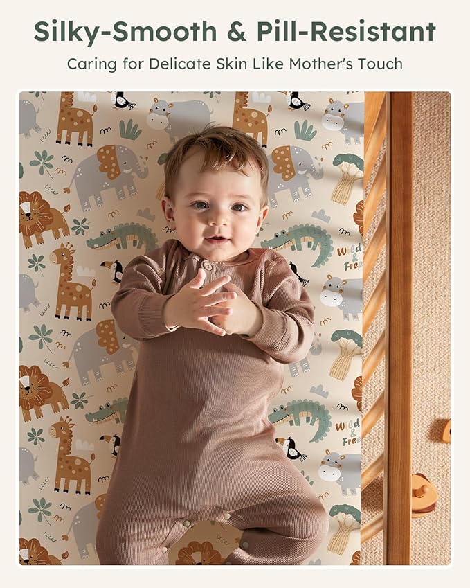 Baby Crib Sheets for Boys Girls, 28x52x8in Fitted Crib Sheet Neutral 3 Pack for Standard Crib and Toddler Mattress, Breathable Soft Microfiber Baby Sheet Green & Apricot Lion