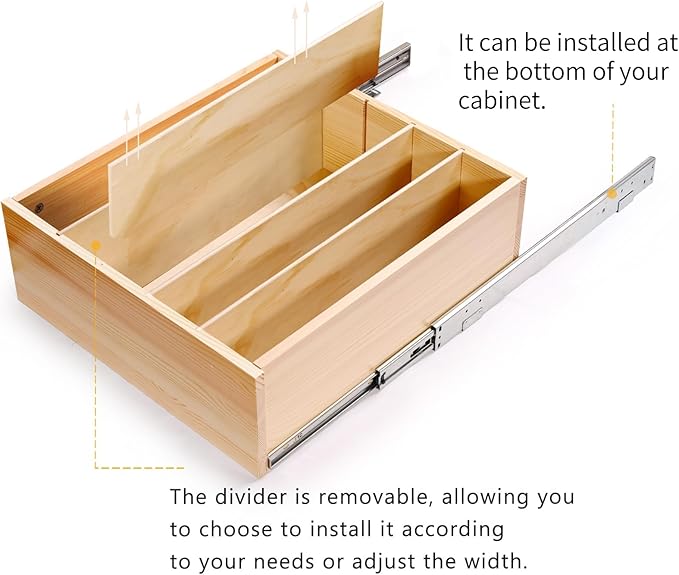 Pull Out Cabinet Organizer with Divider, 18''W×21''D×7''H Soft Close Wood Drawer for Kitchen Pantry, Finished, Heavy-Duty, Bottom Assembly (Wood Drawer Part Width is 17'')