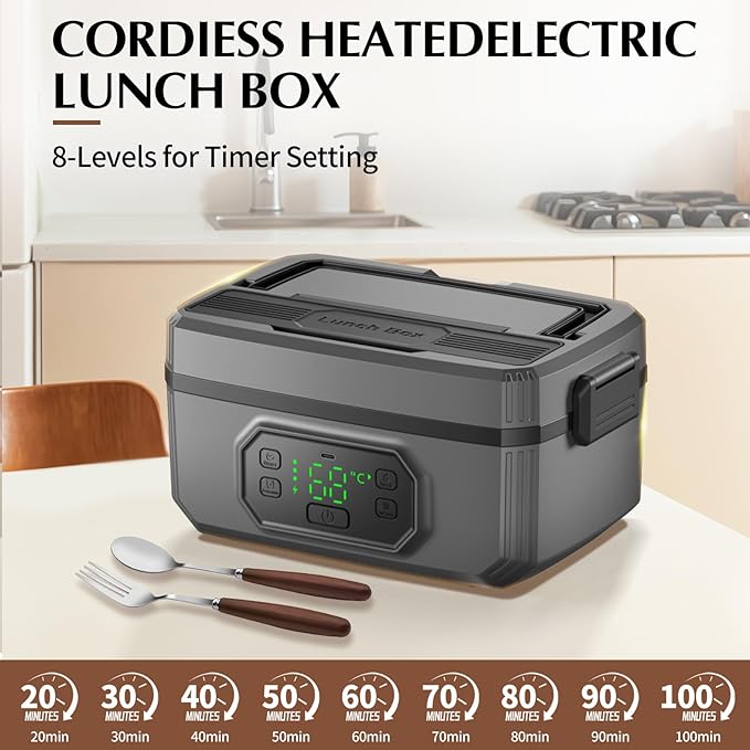 Electric Lunch Box for Adults with Timer - 1.6L Cordless Electric 24000mAh Battery-Powered Heated,5-Sided Heating & Smart Reservation - Portable Heated Lunch Box for Office, Truck, Camping