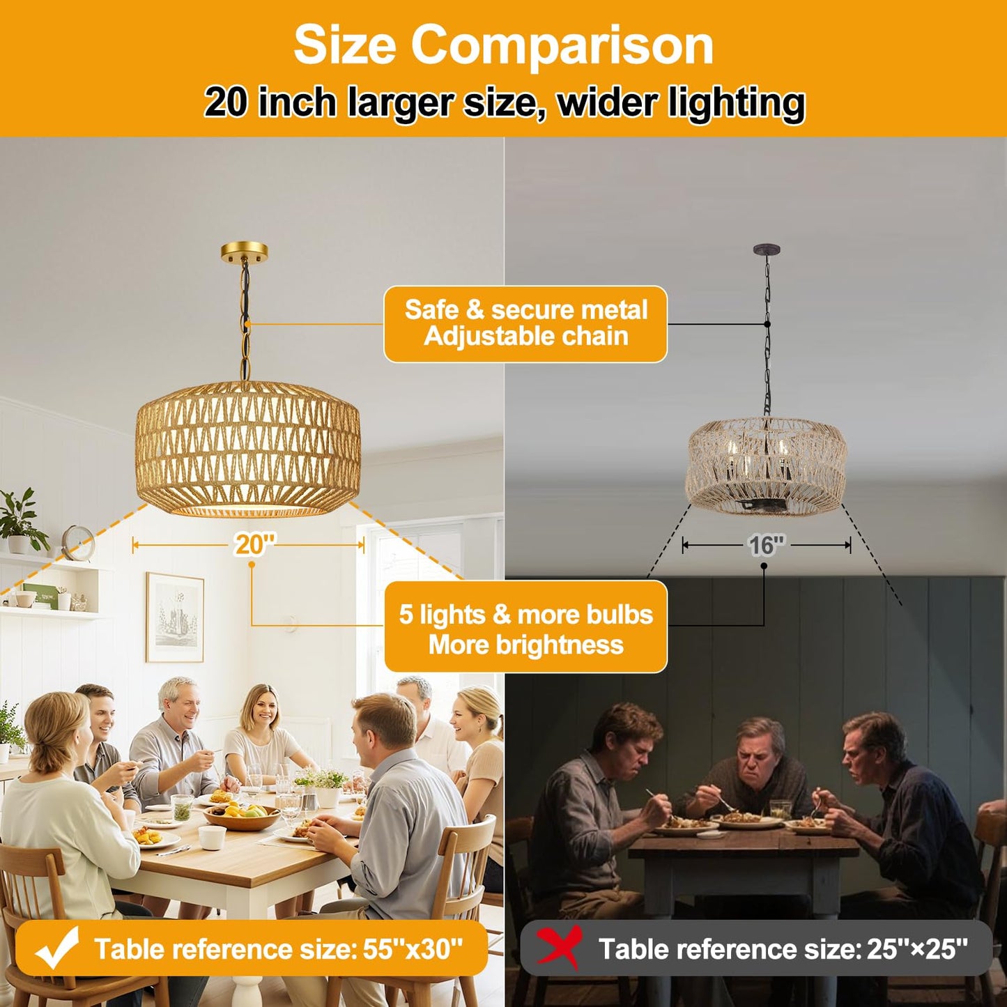 Farmhouse Gold Chandelier Light Fixture  5-Light Rustic Boho Chandeliers With Rattan & Linen Shade  Gold Hanging Lighting For Dining Room  Kitchen Island  Bedroom (Bulbs Not Included)