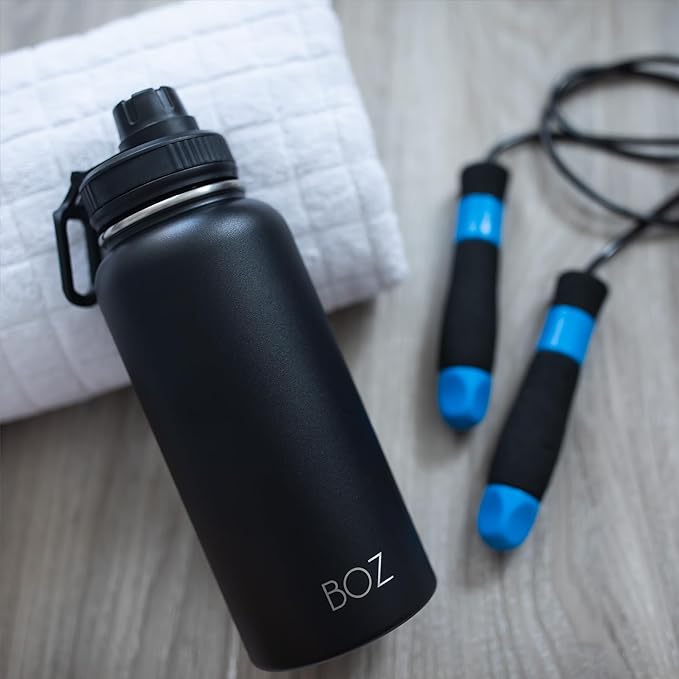BOZ Stainless Steel Water Bottles 2 Pack Bundle - Grey Water Bottle + Black Water Bottle - Vaccum Insulated Water Bottles 32 Oz - Wide Mouth BPA Free Sport Water Bottles for Gym with Spout Lid