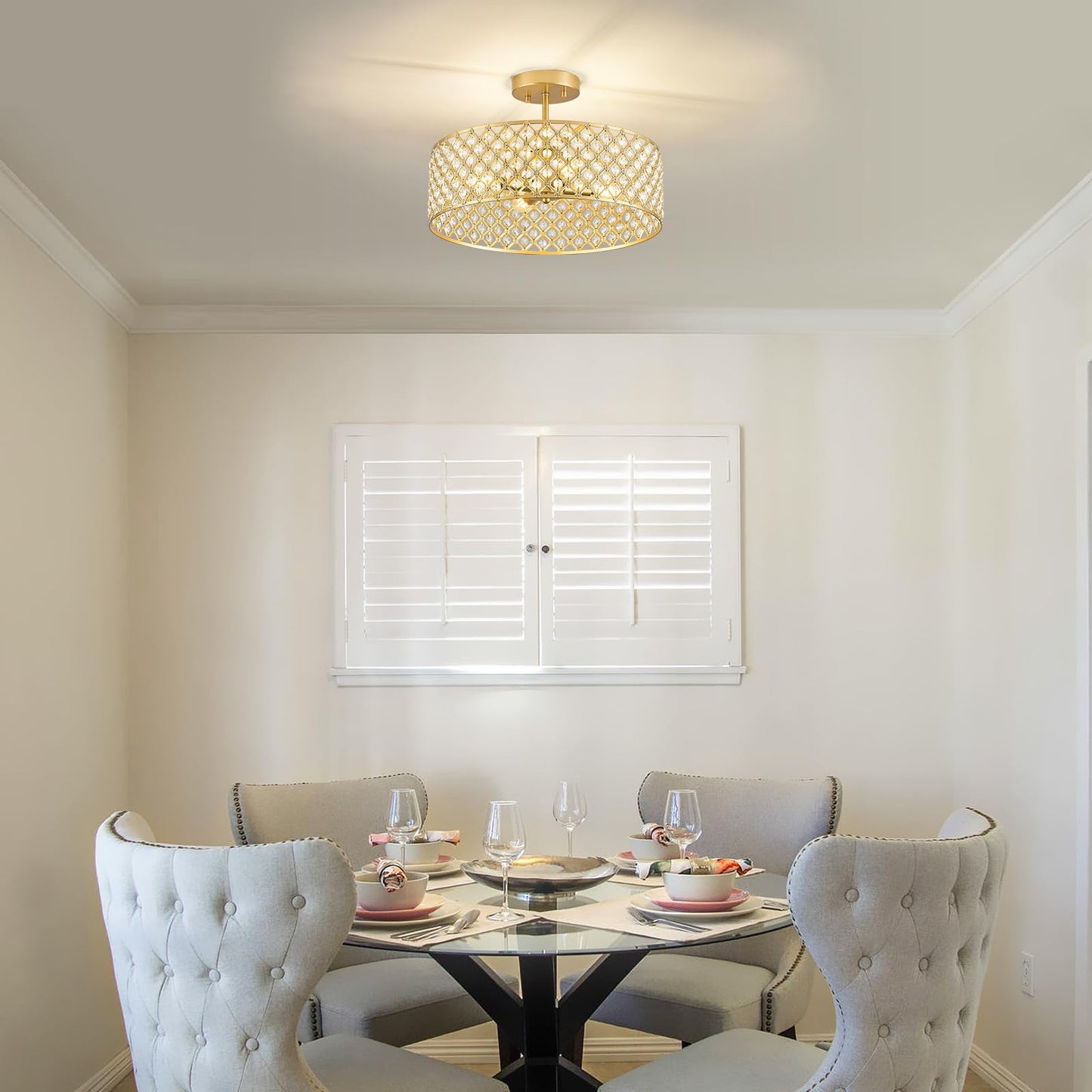 Bzvesr Gold Crystal Ceiling Light Fixture Modern Semi Flush Mount Ceiling Lighting Fixture Round Small Chandelier For Dining Room  Hallway  Entryway  Kitchen  Bedroom Foyer 4 Light 15.7 Inch