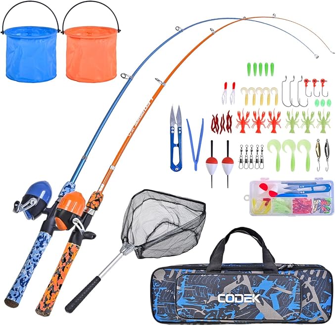 CODEK Kids Fishing Pole Set with Full Starter Kits 2 Set Portable Telescopic Fishing Rod and Spincast Reel Cambos with a F...