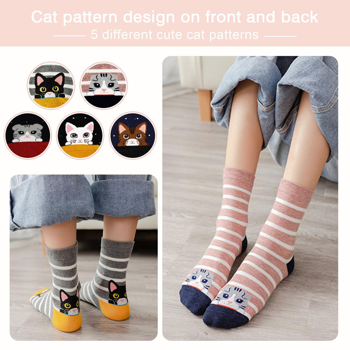 YOYOU Cat Socks for Women, Funny Cute Animal Crew Sock, Patterned Novelty Quarter Socks 5 Pair